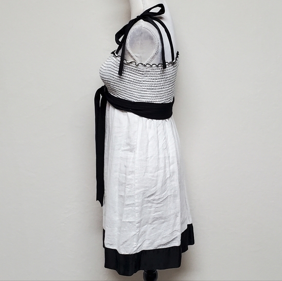 Vintage BEBE Black Silk White Linen Smocked Tie Shoulder Mini Babydoll Dress XS - Picture 8 of 15